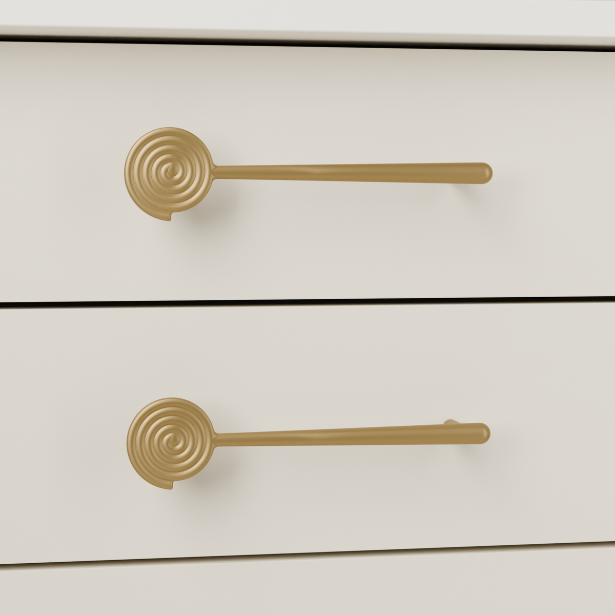 Solara Pull in Brushed Brass (PVD) installed on warm almond cabinetry - horizontal pair, square view