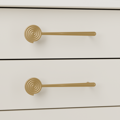 Solara Pull in Brushed Brass (PVD) installed on warm almond cabinetry - horizontal pair, square view