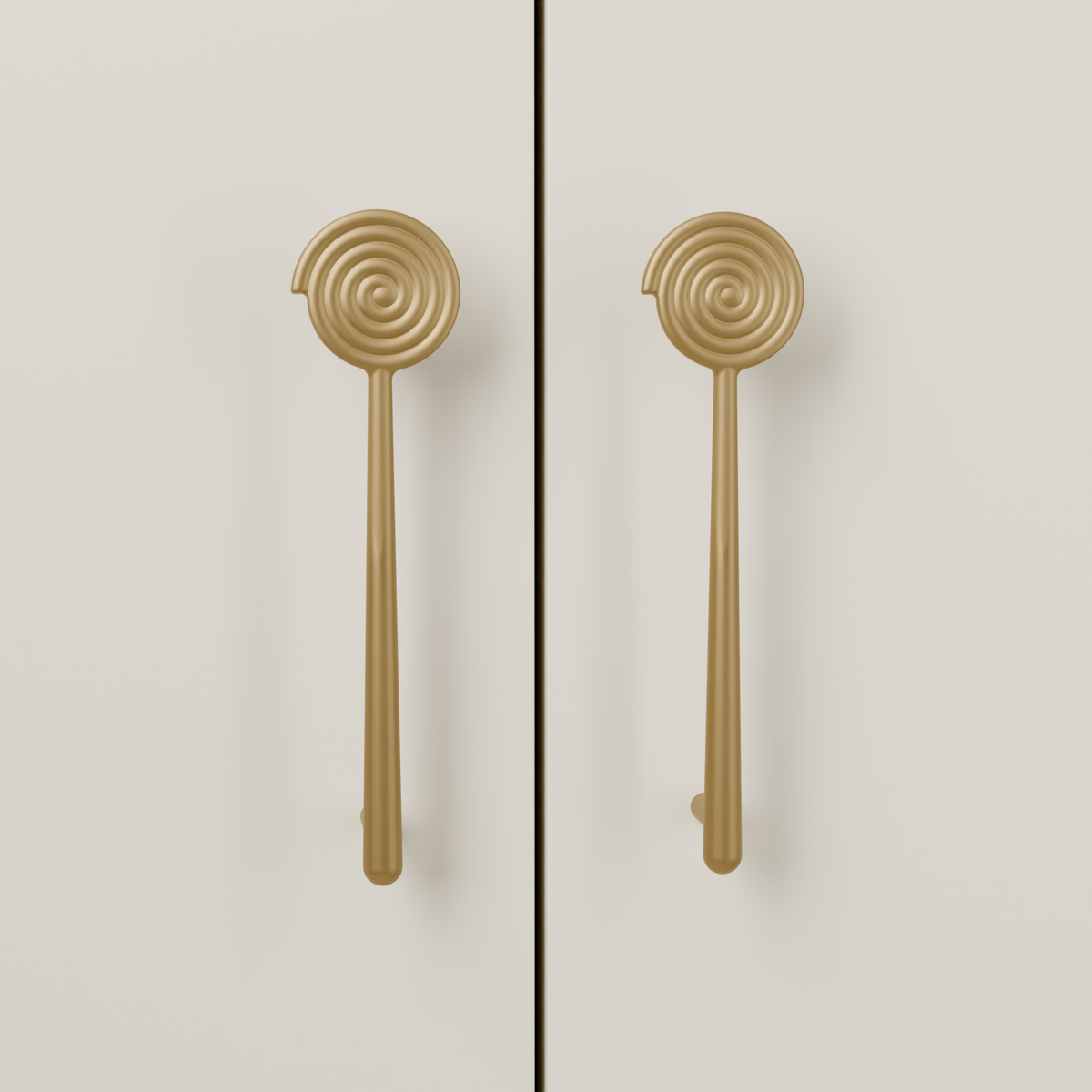 Solara Pull in Brushed Brass (PVD) installed on warm almond cabinetry - vertical pair, square view