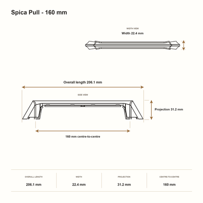 Spica Pull - 160 mm dimensions: 206.1 mm overall length, 22.4 mm width, 31.2 mm projection and 160 mm centre-to-centre.