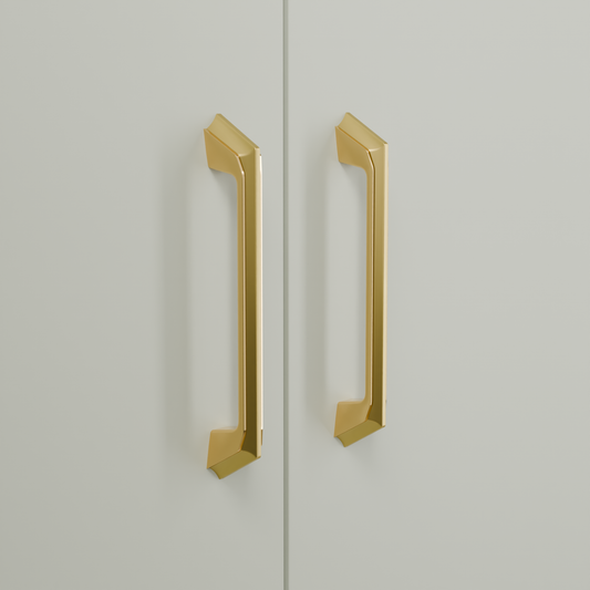 Spica Pull in Brushed + Matte Gold (PVD) installed on greyed sage cabinetry - vertical pair, square view