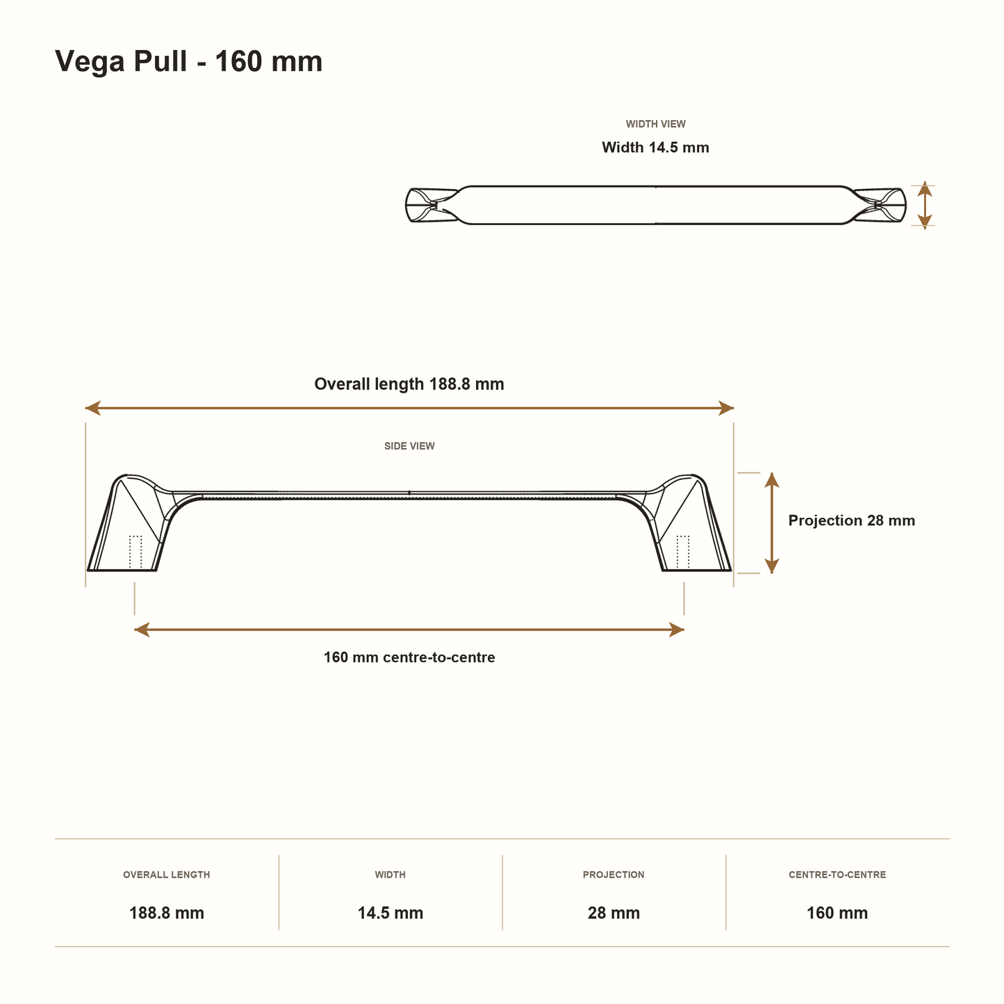 Vega Pull - 160 mm dimensions: 188.8 mm overall length, 14.5 mm width, 28 mm projection and 160 mm centre-to-centre.