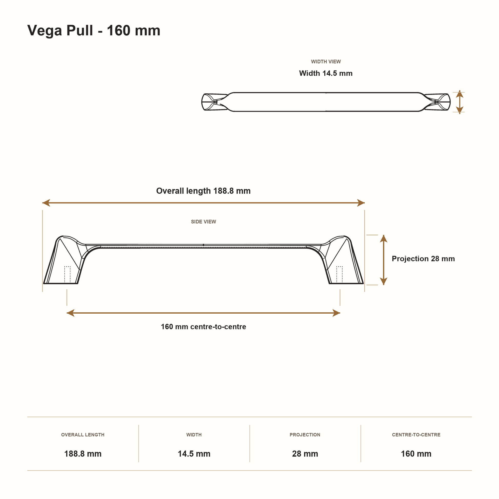 Vega Pull - 160 mm dimensions: 188.8 mm overall length, 14.5 mm width, 28 mm projection and 160 mm centre-to-centre.