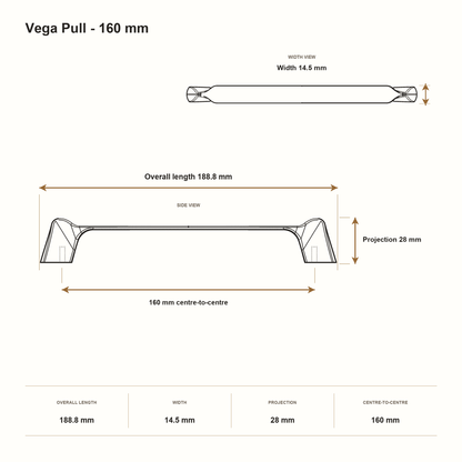 Vega Pull - 160 mm dimensions: 188.8 mm overall length, 14.5 mm width, 28 mm projection and 160 mm centre-to-centre.