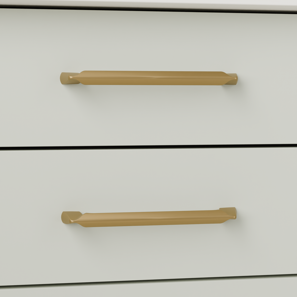 Vega Pull in Brushed Brass (PVD) installed on greyed sage cabinetry - horizontal pair, square view