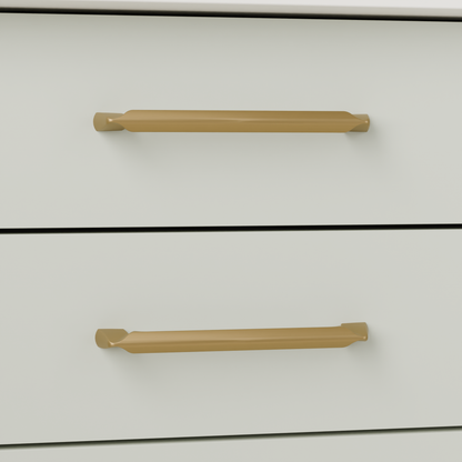 Vega Pull in Brushed Brass (PVD) installed on greyed sage cabinetry - horizontal pair, square view