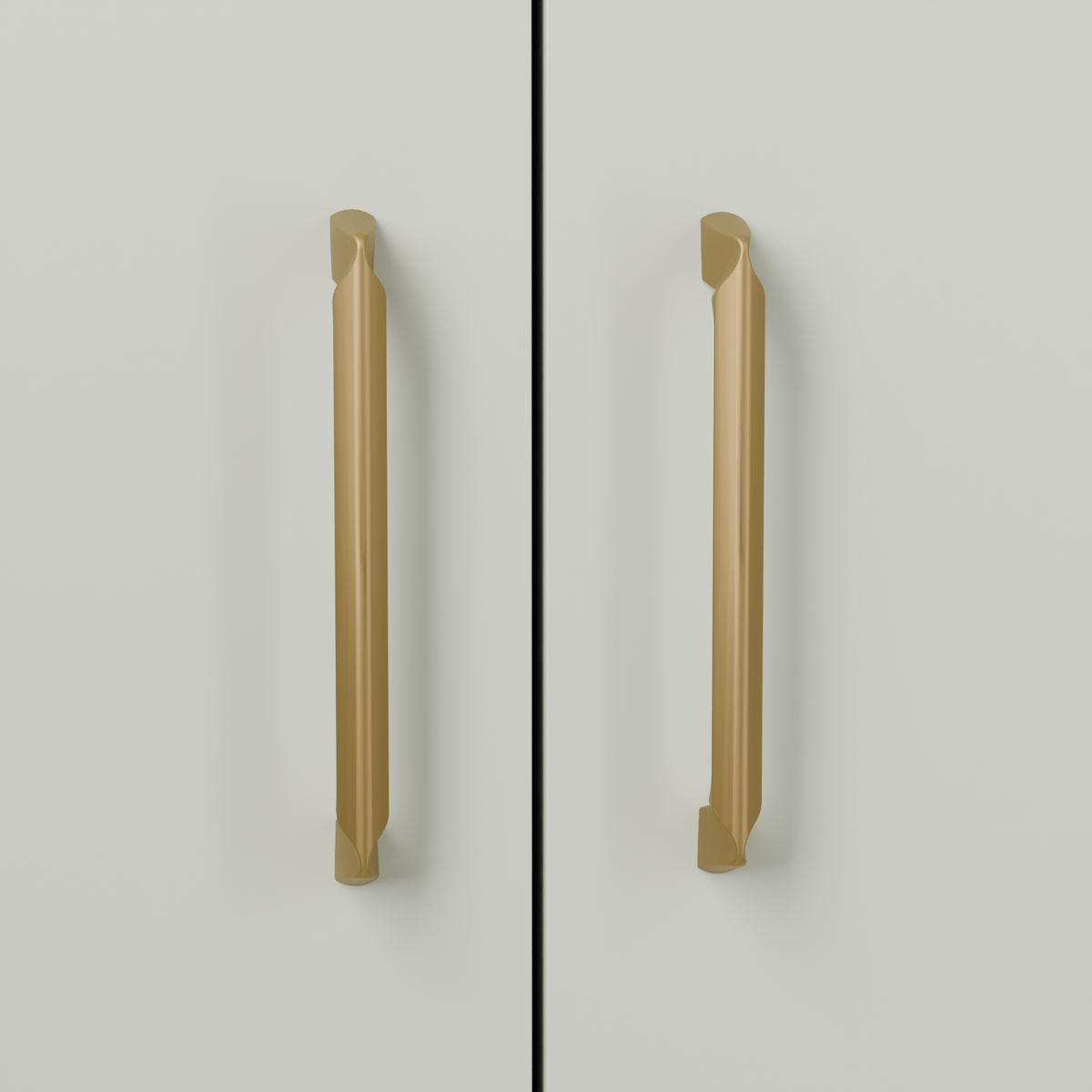 Vega Pull in Brushed Brass (PVD) installed on greyed sage cabinetry - vertical pair, square view