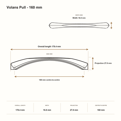 Volans Pull - 160 mm dimensions: 178.4 mm overall length, 16.8 mm width, 27.8 mm projection and 160 mm centre-to-centre.