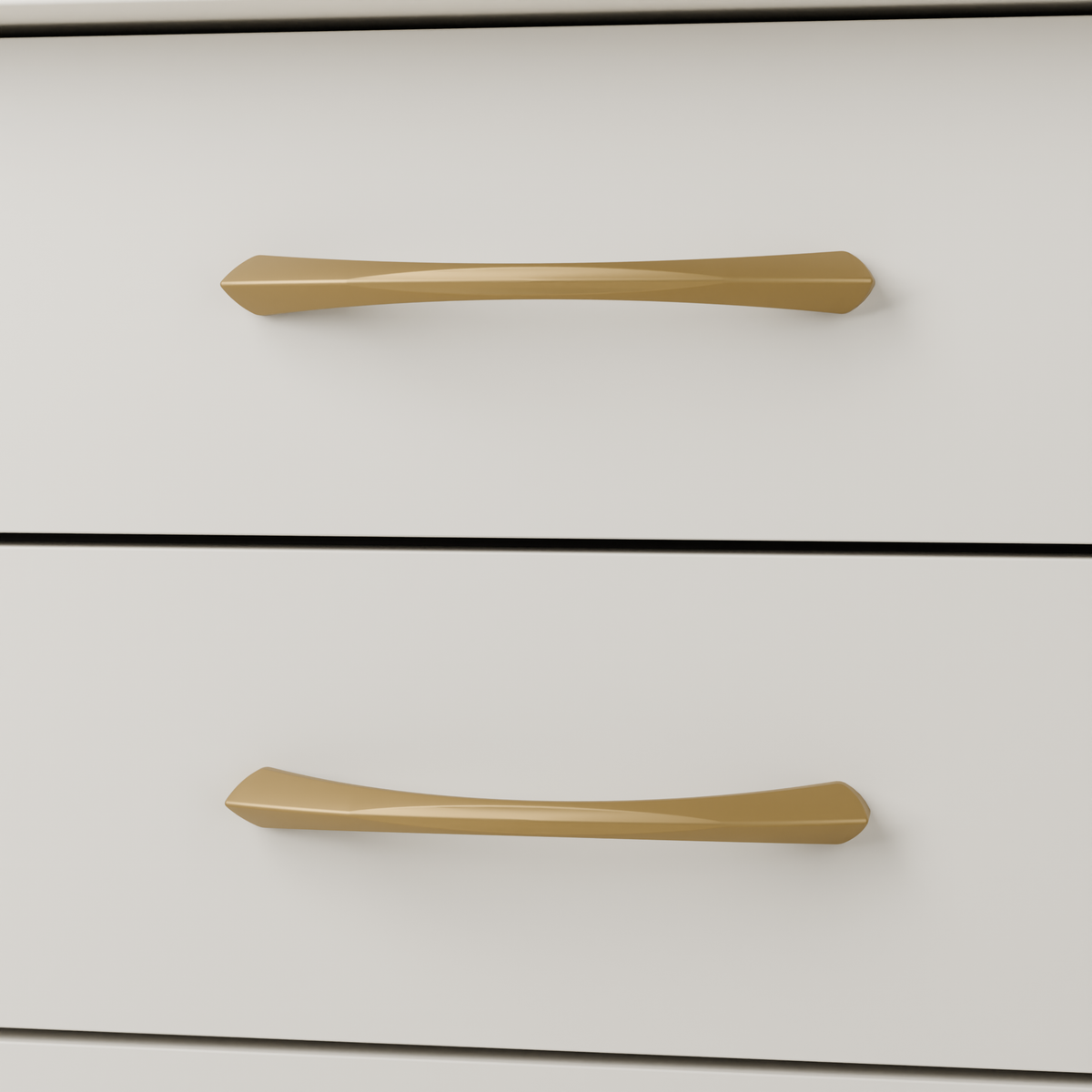 Volans Pull in Brushed Brass (PVD) installed on oyster stone cabinetry - horizontal pair, square view