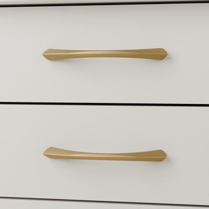 Volans Pull in Brushed Brass (PVD) installed on oyster stone cabinetry - horizontal pair, square view