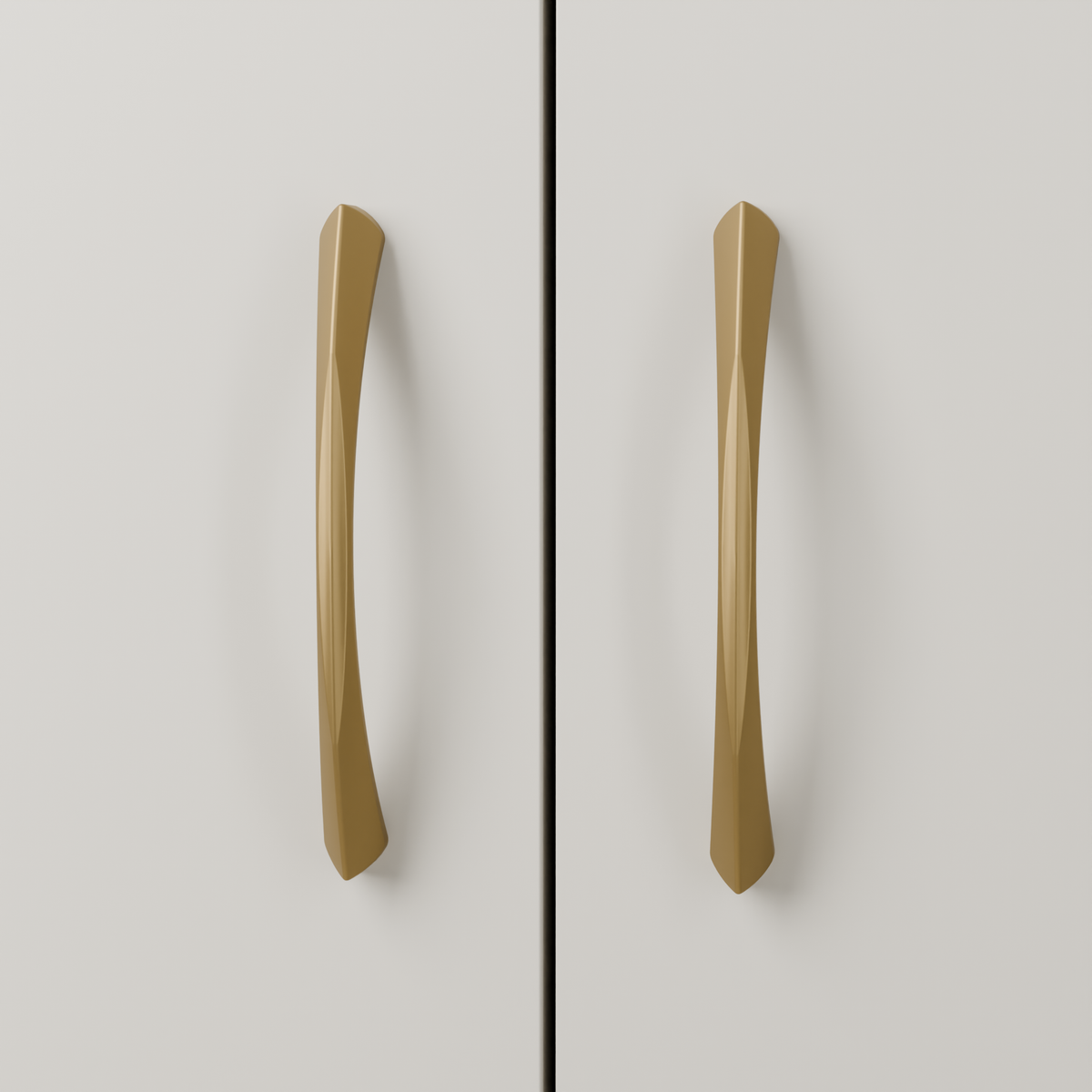 Volans Pull in Brushed Brass (PVD) installed on oyster stone cabinetry - vertical pair, square view