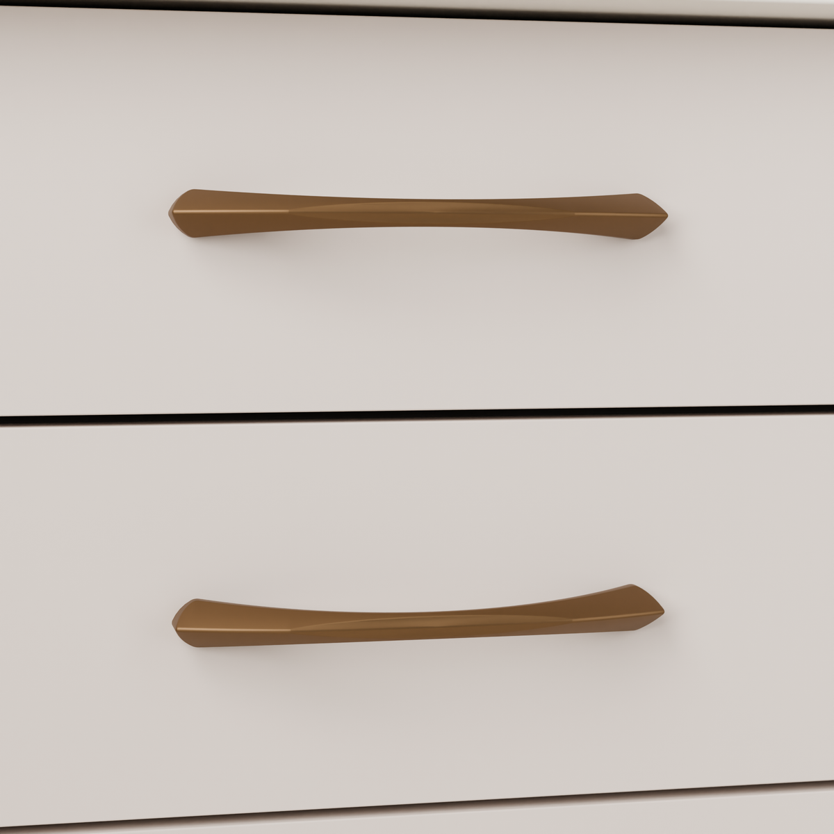 Volans Pull in Warm Bronze (PVD) installed on putty blush cabinetry - horizontal pair, square view