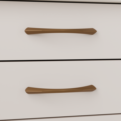 Volans Pull in Warm Bronze (PVD) installed on putty blush cabinetry - horizontal pair, square view