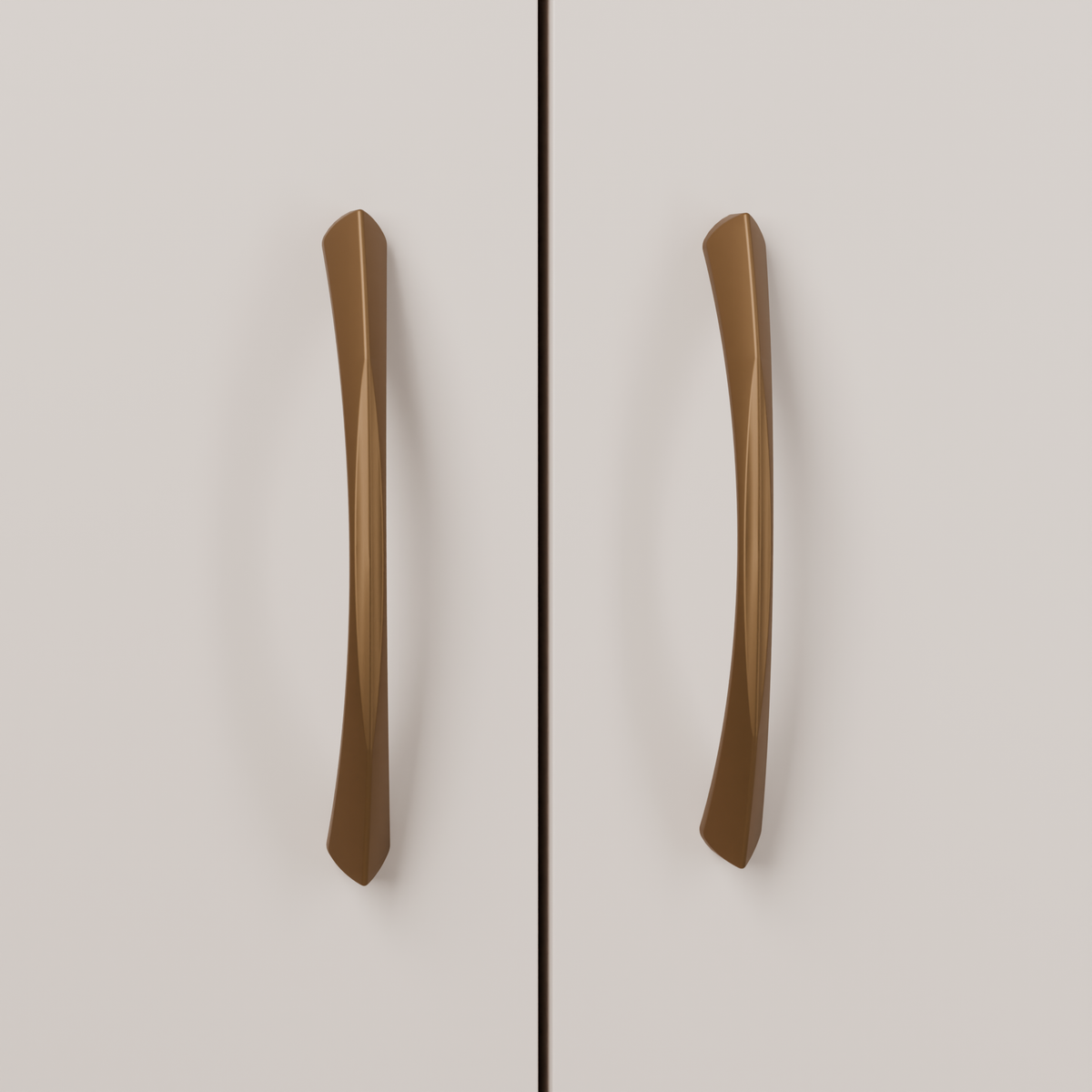Volans Pull in Warm Bronze (PVD) installed on putty blush cabinetry - vertical pair, square view