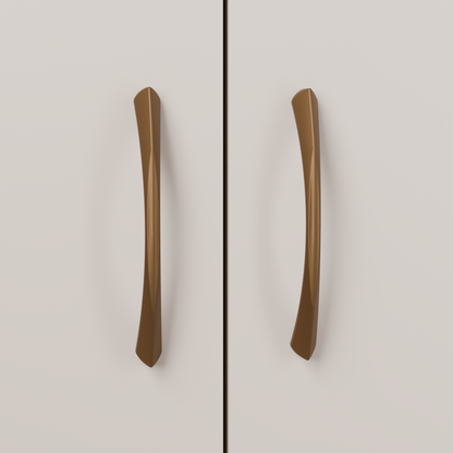 Volans Pull in Warm Bronze (PVD) installed on putty blush cabinetry - vertical pair, square view